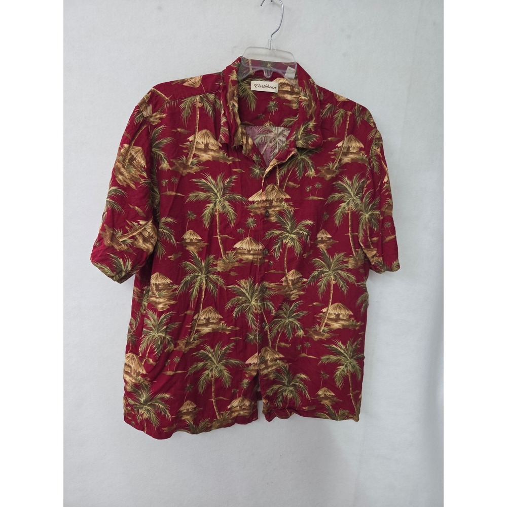 Caribbean Button Down Shirt Mens XL Red Silk Cotton Tropical Palm Tree Hut Beach